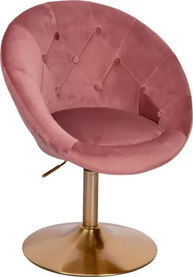 Loungesessel Samt Rosa Gold in Gesamtansicht mit gesteppter Rückenlehne und goldfarbener Metallbasis.