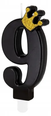 Immagine prodotto di Candela per torta di compleanno PartyPal, numero 9, nera e dorata, con decorazione a