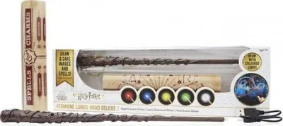 A product shot of a Harry Potter Hermione Deluxe Lumos Wand set, including packaging and accessories.