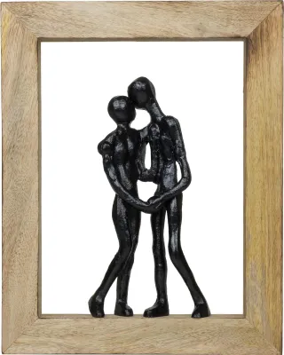 Obrázek produktu pro Dekorativní figurka Objetí černá 30 cm mangové dřevo hliníková figurka páru v dřevěném rámu symbol lásky blízkosti důvěry soudržnosti ručně vyrobená sochařská práce