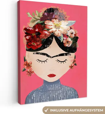 Zdjęcie produktu dla MuchoWow® - Obraz na płótnie - Frida Kahlo - Kobieta - Vintage - Kwiaty - Sztuka, dekoracja ścienna, obrazy do salonu, 60x80cm
