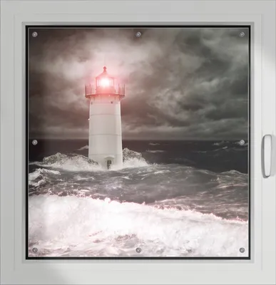 Produktbild von Wallario Lichtschutzbild, Dekorativer Sichtschutz Sonnenschutz 96 x 93 cm mit Motiv: Leuchtturm im Wasser bei stürmischer See - Verdunklung ohne Bohren