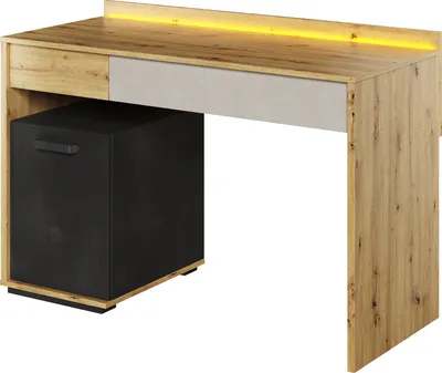 Zdjęcie produktu dla Biurko MINIO z oświetleniem QUBIC 8 Dąb rzemieślniczy / Stal surowa / Jedwab flou