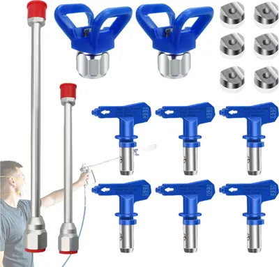 Obrázek produktu pro 2 x prodlužovací tyč pro bezvzduchovou stříkací pistoli + sada ochranných trysek bezvzduchové stříkací pistole se 14 oboustrannými tryskami a ochrannými krytkami, nerezová ocel, modrá barva