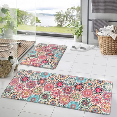 Produktbild von Badteppich Set 2 teilig Badematten Waschbar Badvorleger Teppich Läufer für Badezimmer Vintage Badvorleger Badezimmerteppich 50×160 cm+50×80 cm