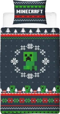 A Minecraft-themed duvet cover and pillowcase set with a festive, pixelated design.