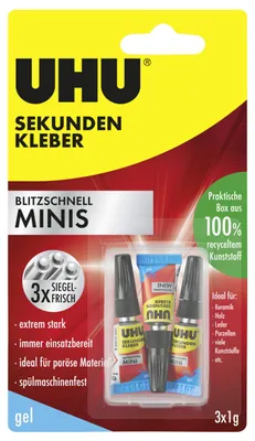 Produktbild von UHU Sekundenkleber Minis, Gel, RoHS, REACH, CE, Sichtverpackung, 3 Stück(e), China