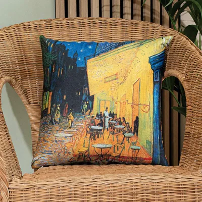 Imagen del producto de Funda de cojín "Cafetería al atardecer", multicolor, de terciopelo, con motivos urbanos, 40 x 40 cm