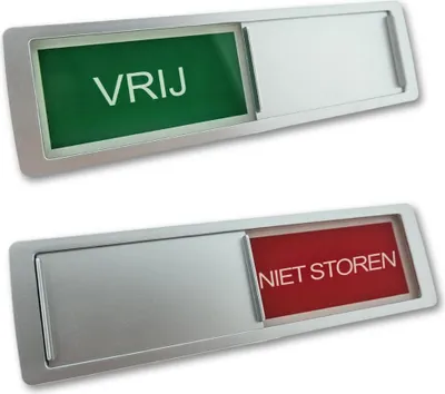 Produktbild von Schiebeschild "Vrij-Niet Storen" in einem silberfarbenen Kunststoffschiebeprofil ca. 178x50mm