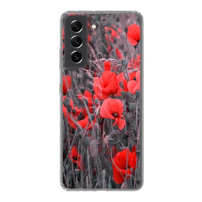 Produktbild von MuchoWow® Handyhülle Schutzhülle Hülle für Samsung Galaxy S21 FE Rote Mohnblumen in einem Schwarz-Weiß-Bild Silikon Softcase Handy Hülle - Mobiltelefonhülle