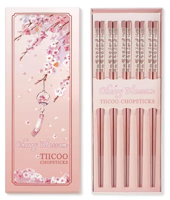 Produktbild von Edelstahl Essstäbchen 5 Paar Rosa Sakura Laser Graviert Rutschfest Spülmaschinengeeignet 23,6 cm