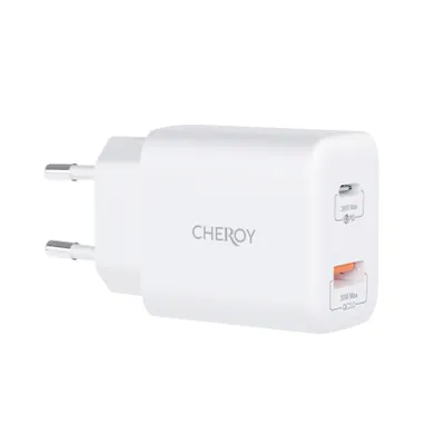 Produktbild von CHEROY 30W Wall Charger - USB A + C Dual Port PD Adapter – QuickCharge 3.0 - Schnellladegerät –  Wandladegerät - Weiß
