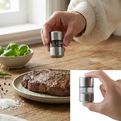 Produktbild von Mini Salz oder Pfeffermühle aus Edelstahl mit Keramikmahlwerk - Gewürzmühle für Salz Pfeffer Kräuter - Acrylglas Sichtfenster - Silber