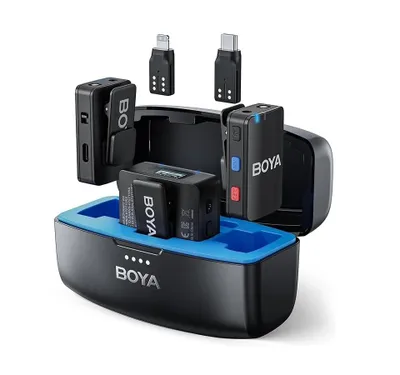 Obrázok produktu pre Boya Boyamic – sada lavalierových mikrofónov 2,4 GHz (TX+TX+RX) pre smartfóny, fotoaparáty, dosah až 300 m, interná pamäť