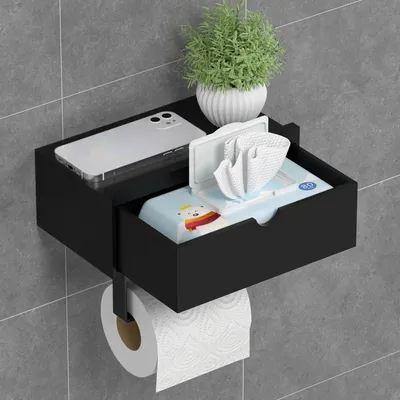 Immagine prodotto di Portarotolo da bagno con ripiano e contenitore per salviette umidificate, in bambù, colore nero, da fissare con adesivo o tramite foratura