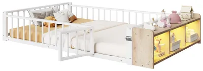 Produktbild von Kinderbett mit LED-Streifen, Regal, Zaun, Lattenrost und Tür, 140x200 cm, Einzelbett mit Rausfallschutz, Metallbett
