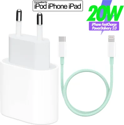 A white USB-C power adapter and a green USB-C to Lightning cable are shown against a white background.