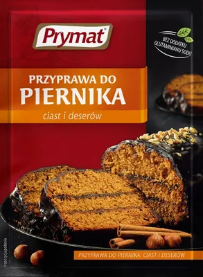 A package of spice mix for gingerbread, with slices of gingerbread cake shown.