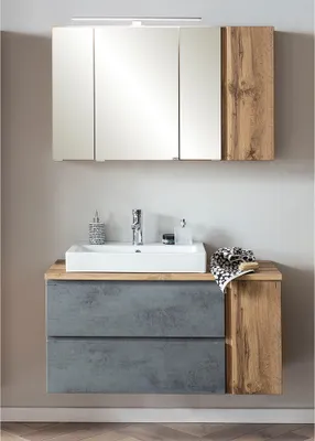 Produktbild von Waschplatzset inkl. Keramik-Waschbecken links und LED Beleuchtung, Wotan Eiche Nb. mit Beton Optik, VASTO-03-CONCRETE, B/H/T ca. 105/200/47 cm