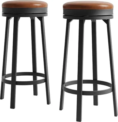 Produktbild von Drehbare Barhocker (76 cm), Tresenhöhe, mit Fußstütze und Kunstlederbezug, Metallgestell, für Kücheninsel und Hausbar, Braun