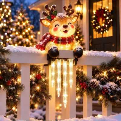Produktbild von Weihnachts-Rentier Solar-Klemmleuchte, warmes Licht, Eiszapfen-Effekt, für Garten, Balkon, Zaun, Nacht-Automatik, wetterfest, Weihnachtsdeko
