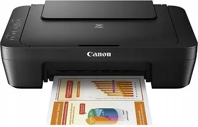 A black Canon printer is shown printing a document with charts and graphs.