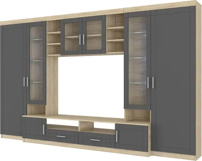 Produktbild von Wohnwand Paris Anbauwand Wohnkombi Wohnzimmer MDF Grau+ Sonoma Eiche matt
