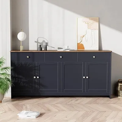 Produktbild von Sideboard, Buffetschrank, Kommode für Wohnzimmer und Esszimmer, Moderner Wohnzimmerschrank, Aufbewahrungsschrank mit 4 Türen und 3 Schubladen,160x37x75 cm (Schwarz und Grau)
