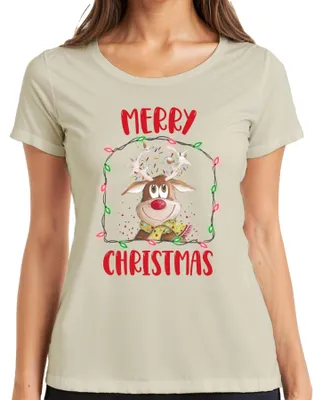 Productafbeelding van Merry Christmas, rendierlichtketting - Kerstmis, kerstcadeau, dames T-shirt, natuur, maat S