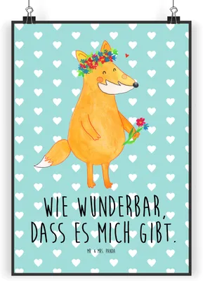 Produktbild von Mr. & Mrs. Panda Bild Fuchs Blumen DIN A4 - Türkis Pastell - Geschenk, Motivation, Blumenliebe, Boho, kunstdruck poster, drucke, Füchse, Wandbild, Fox, wanddeko, Plakat