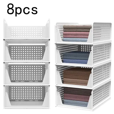 Produktbild von 8 Stück faltbare, stapelbare Aufbewahrungskisten – Kleiderschrank Organizer als Schublade, verdickte Kunststoffbox für Bad, Schlafzimmer, Weiß
