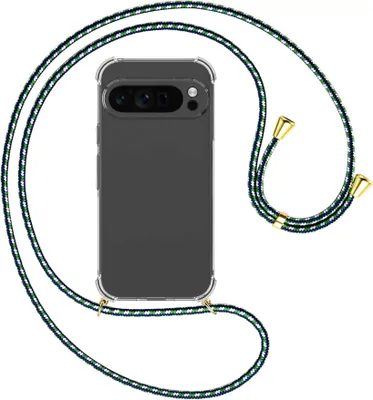 Produktbild von Handykette Backcover-Schutzhülle mit Band (Metall goldfarben) für Google Pixel 9 Pro - grün/blau/weiß