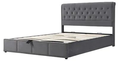 Obrázek produktu pro Čalouněná postel – manželská postel 160 × 200 cm – dřevěný rám – sametový potah – s čelem – moderní design – šedá