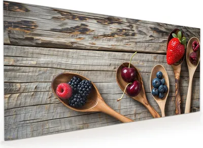 Produktbild von Küchenrückwand Spritzschutz Glas mit Motiv Holzlöffel mit Beeren 40 x 40 cm