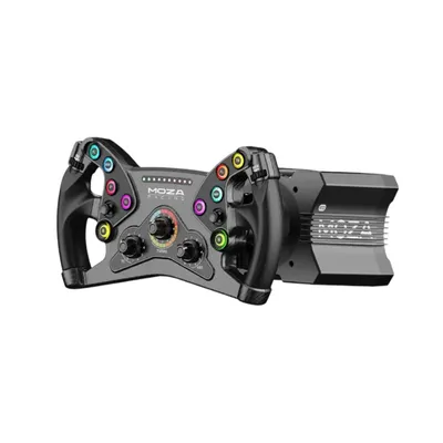 A black and gray racing wheel with colorful buttons and a black base, isolated on a white background.