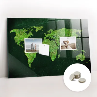 Obrázok produktu pre Magnetická tabuľa na stenu - Memo Tabuľa Sklenená - vrátane 5 magnetov - 60x40 cm - Trávnatá mapa sveta