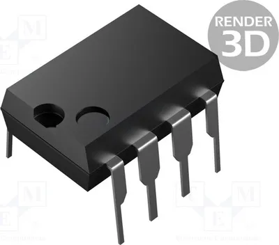 A 3D render of an electronic component, likely an integrated circuit, with its pins visible.