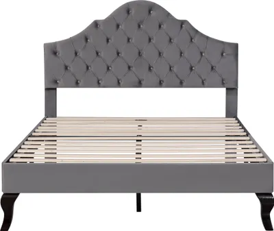 Produktbild von Flieks Polsterbett Einzelbett 90x200cm Jugendbett mit Lattenrost und muschelförmigem Kopfteil, Massivholzbett Kinderbett Samt, Grau