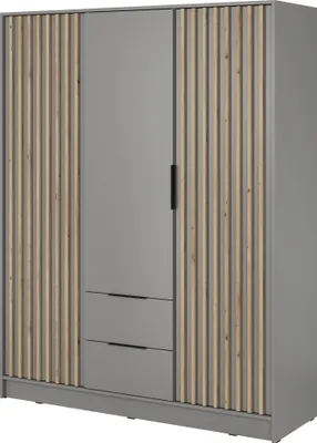 Produktbild von Schlafzimmerschrank 155 x 200 x 51 cm JOHN 3D (Artisan + Grau), 3 drehbare Türen und 2 Schubladen, Latten aus Holz, Industrieller Stil, Stauraum (Spannstange) mit Regalen