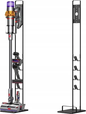 A vacuum cleaner and its accessories are displayed on a stand.