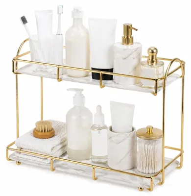Imagen del producto de Elzusha - Estantería de almacenamiento de 2 niveles, color dorado, de metal, para baño y cocina