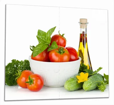 Produktbild von Wallario Herdabdeckplatte aus Glas, Größe 60 x 52 cm 2-teilig, Motiv Frische Salatzutaten mit Kräuter-Öl - Tomaten, Gurke, Petersilie