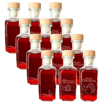 Produktbild von gouveo 12er Set Glasflasche 100 ml Apotheker eckig mit 3 Oster-Motiven und Korken (HGK) - Leere Flaschen für Ostern - Kleine leere Flaschen 0,1 l