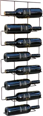 A wall-mounted metal wine rack holding multiple bottles of red wine.
