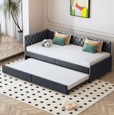 Produktbild von CDGlobal Polsterbett 90x200cm Einzelbettt mit ausziehbarem Unterbett, Massivholzbett mit Lattenrost und Stauraumbett Gästebett Tagesbett, Schwarz