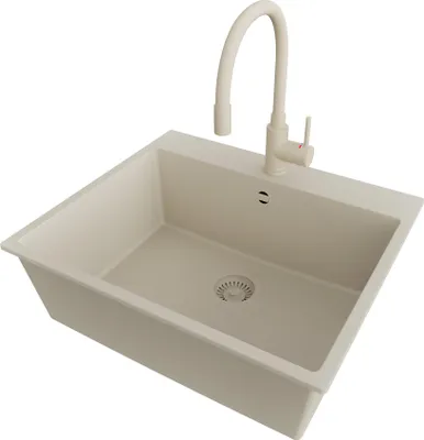 Produktbild von PRIMAGRAN Granitspüle Beige 58x50cm, Spülbecken 1 Becken + Küchenarmatur 38x14cm + Ablauf-Set, Küchenspüle ab 60er Unterschrank - Riga