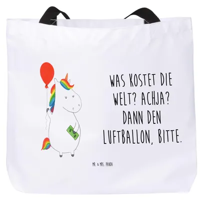 Produktbild von Mr. & Mrs. Panda Schultasche Einhorn Luftballon - Weiß - Geschenk, Tote Bag, Freundin, Geld, Laptoptasche, Unicorn, Einhörner, Stoffbeutel, Reisetasche, Strandtasche