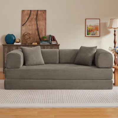 Zdjęcie produktu dla Rozkładana sofa z materacami o wymiarach 2 × 17 cm, wysokością siedziska 35 cm, obiciem z tkaniny typu corduroy i wypełnieniem z pianki termoelastycznej, stalową konstrukcją, w zestawie 2 poduszki
