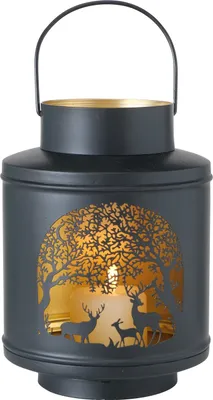 Produktbild von Windlicht Hirsche im Wald - Gold & Schwarz, Cut-Out Design, Pulverbeschichtetes Eisen