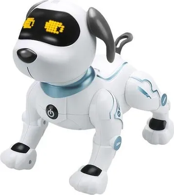 A white robotic dog toy with blue accents and yellow LED eyes, shown from a side-angle on a white background.